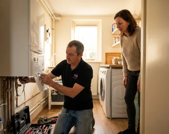Monteur bezig met CV ketel service bij klant thuis